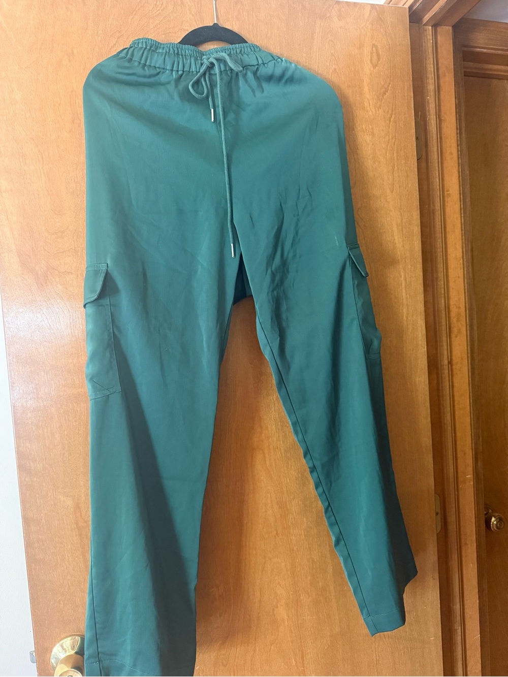 Dark Emerald Satin Cargo Jogger Pants with Drawstring